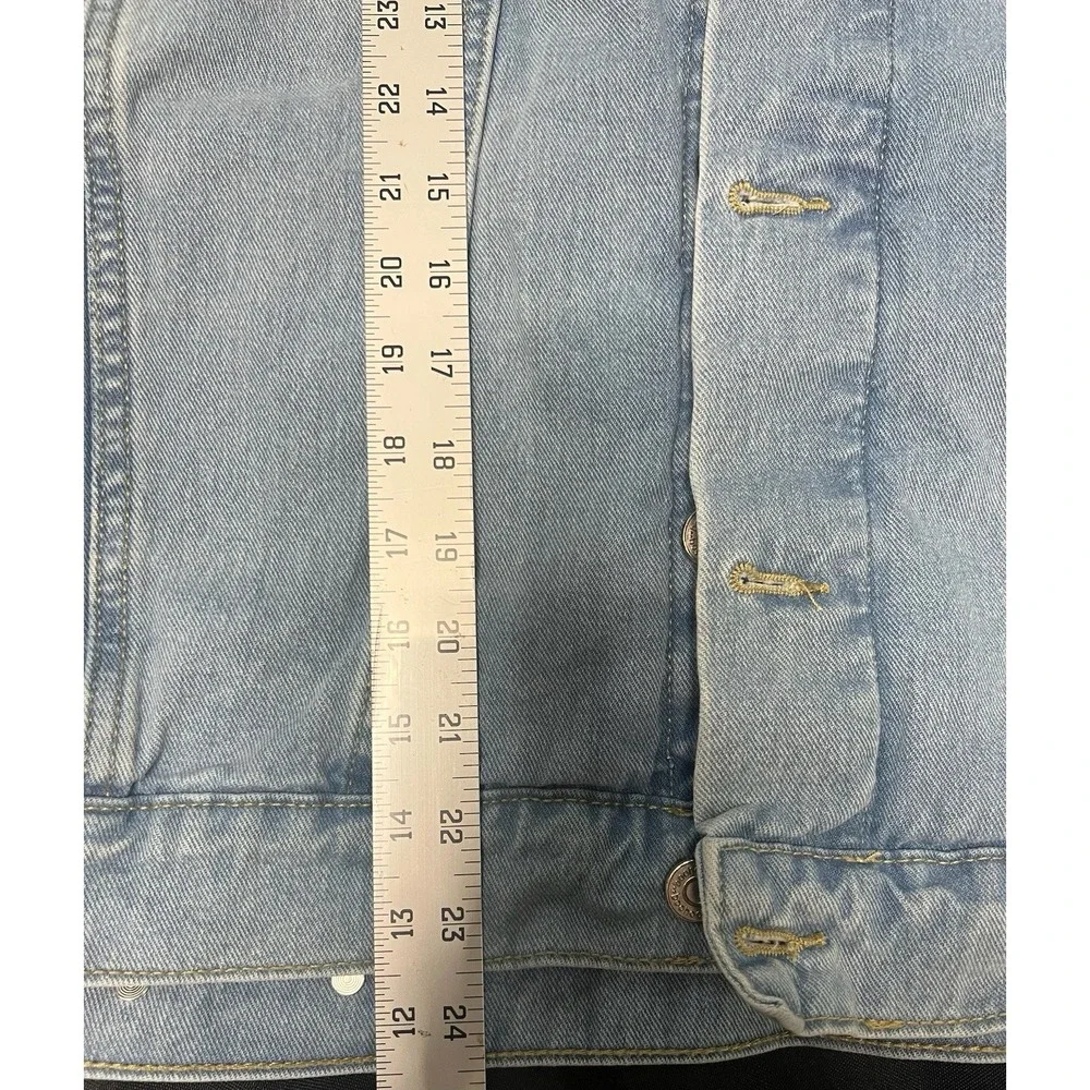 Boohoo Man Embroidered Meditate Varsity Light Wash Denim Jacket Size M